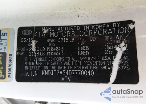 2013 Kia Soul z USA, uszkodzony, nr VIN KNDJT2A54D7770040